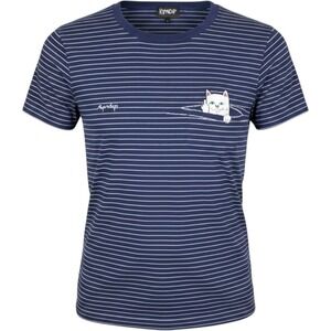 RIPNDIP Womens S Navy Striped Peeking Nermal Pocket T-Shirt Animation Cat Tee